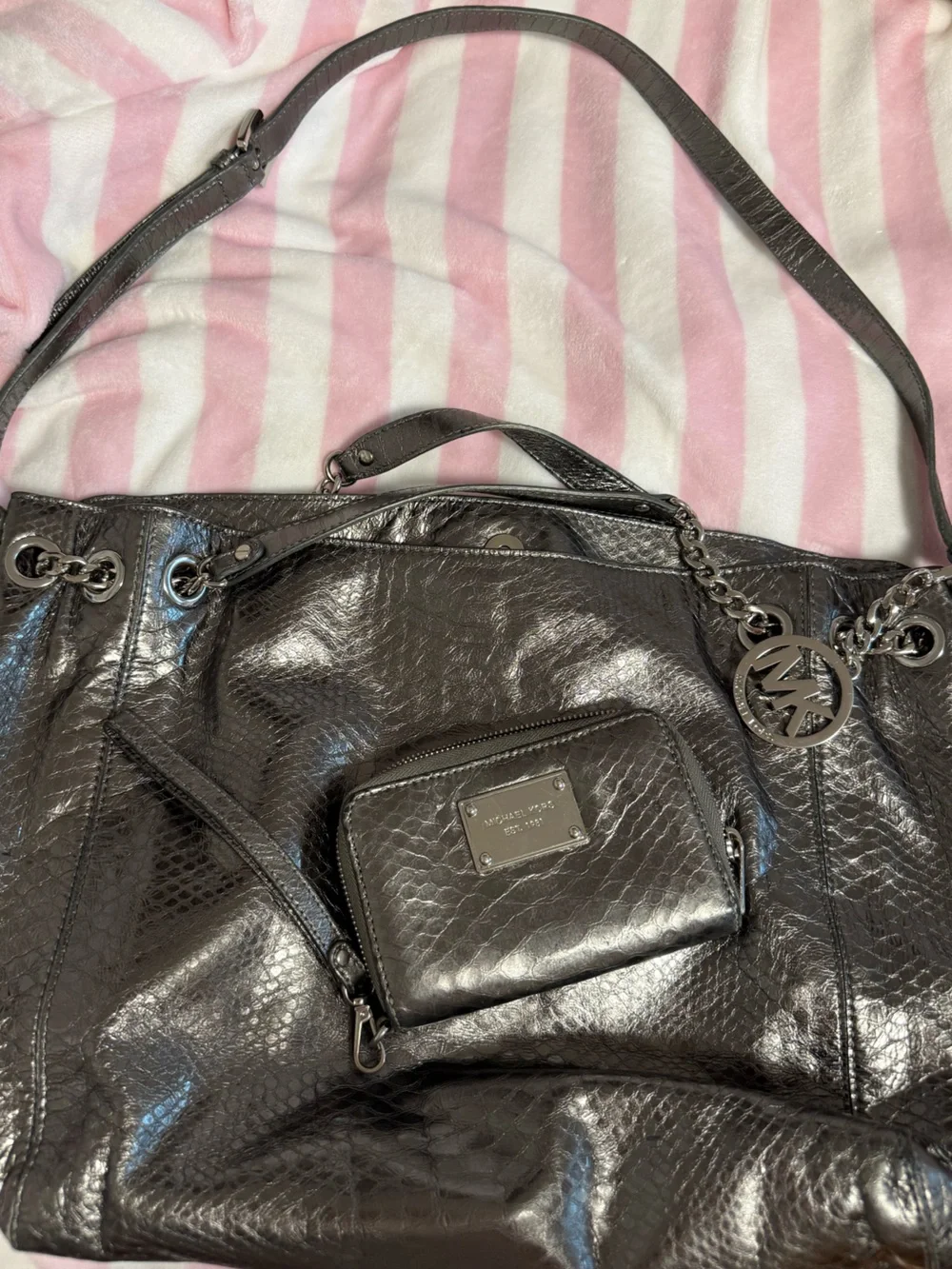 Michael Kors Metallic Black Snake-Embossed Shoulder Bag WITH matching Wallet